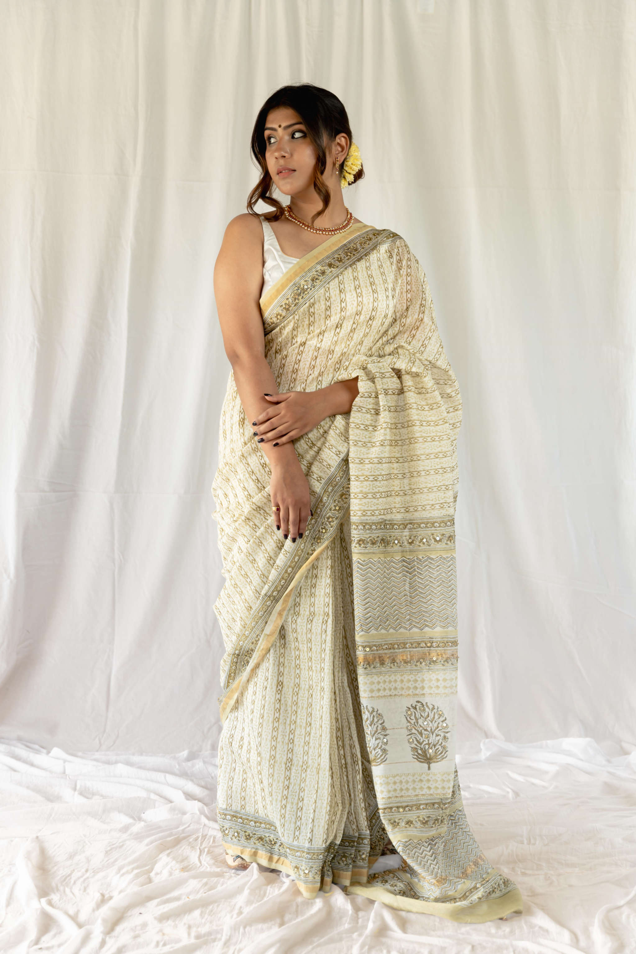 Buy Mint Green Lucknowi Saree With Mirrored Work, White Beads Embroidery  Buttis All Over