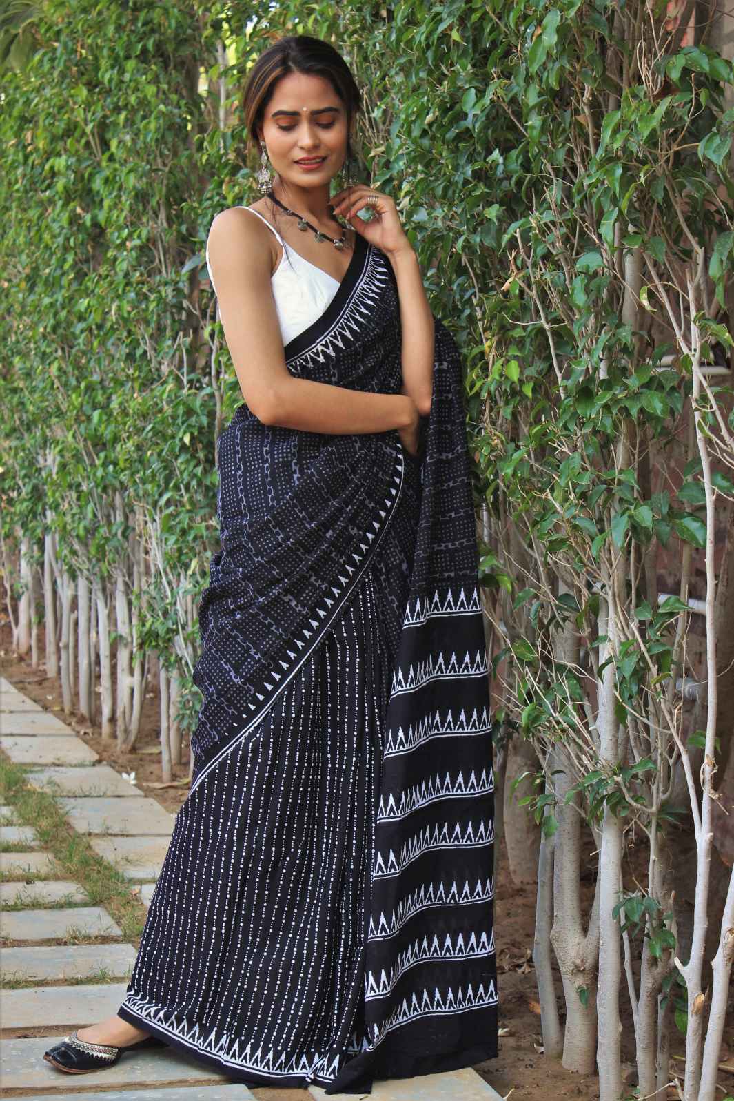 Black colored poly cotton ready to wear saree