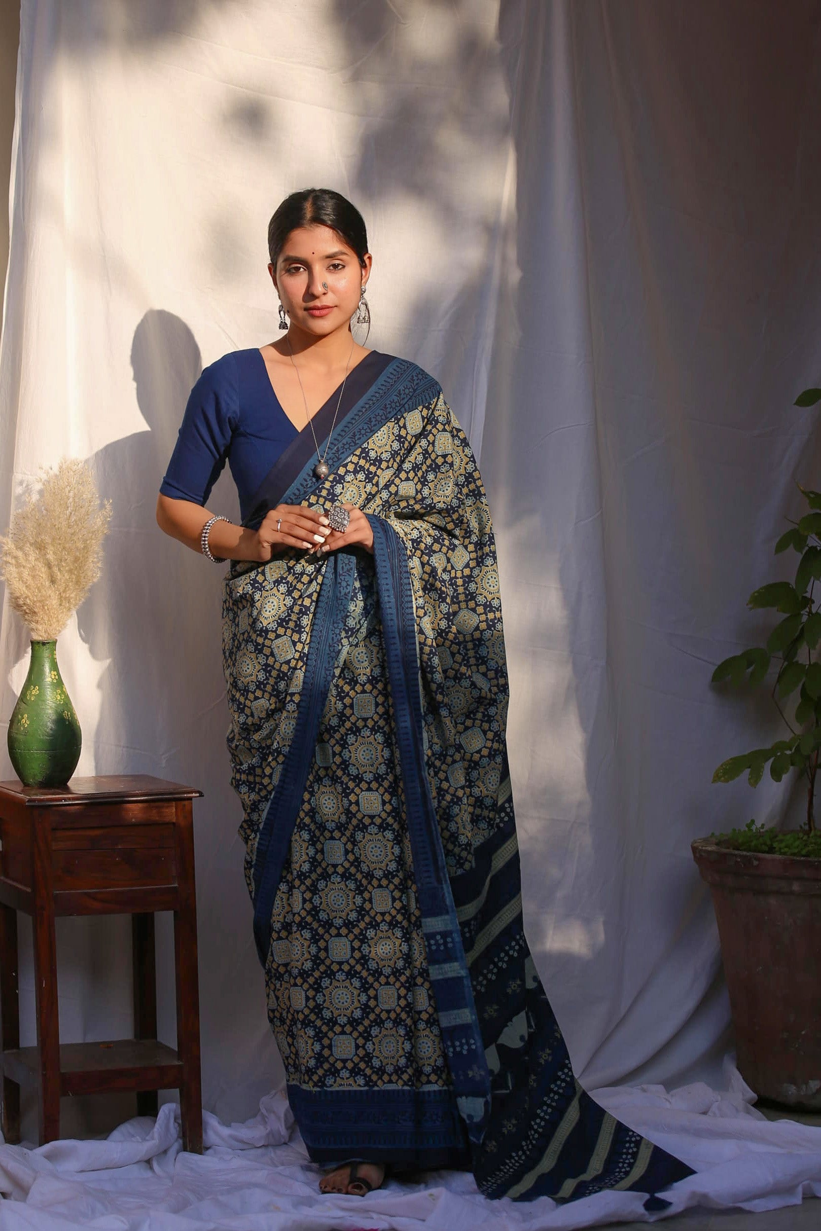 Indigo cotton lace sari with attached blouse piece by Buttoned Down | The  Secret Label